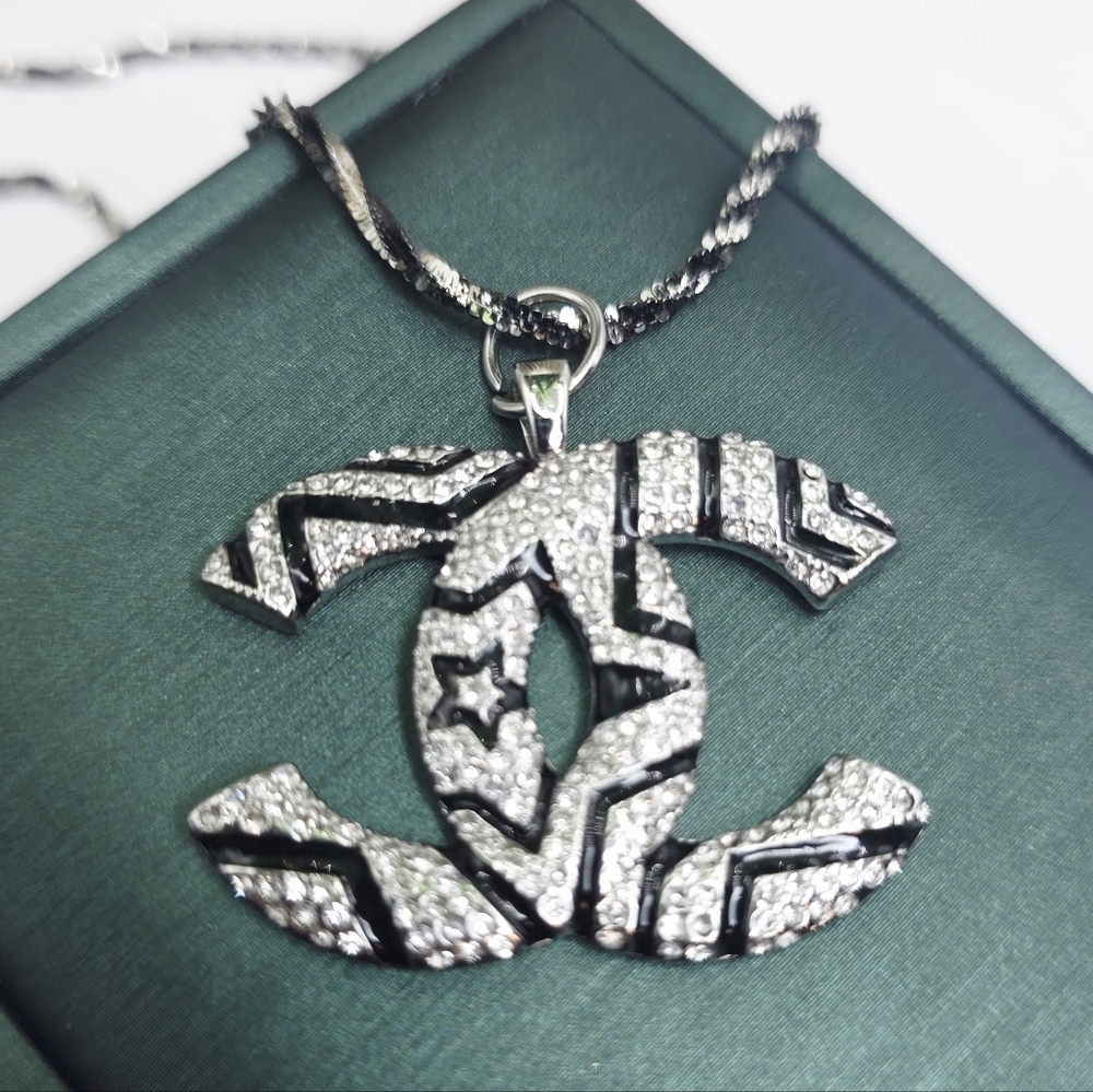 CHANEL Black and Silver Crystal Necklace. S925 Silver